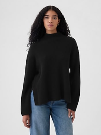 100% Cotton Oversized Split-Hem Mockneck Sweater