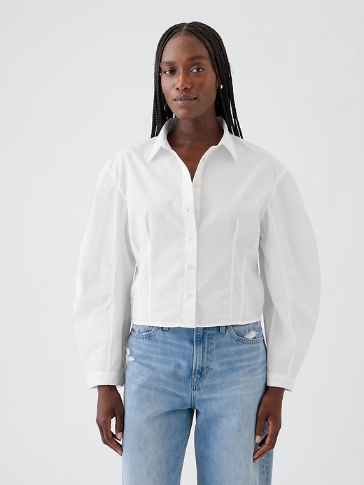 Image number 1 showing, Organic Cotton Poplin Barrel-Sleeve Crop Shirt