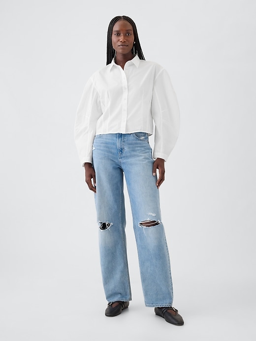Image number 3 showing, Organic Cotton Poplin Barrel-Sleeve Crop Shirt