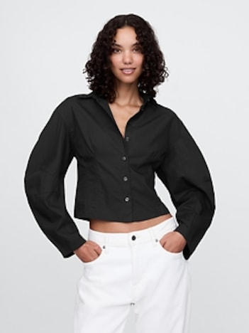 Organic Cotton Poplin Barrel-Sleeve Cropped Shirt