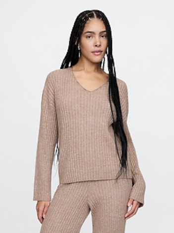 CashSoft Wide Rib V-Neck Sweater