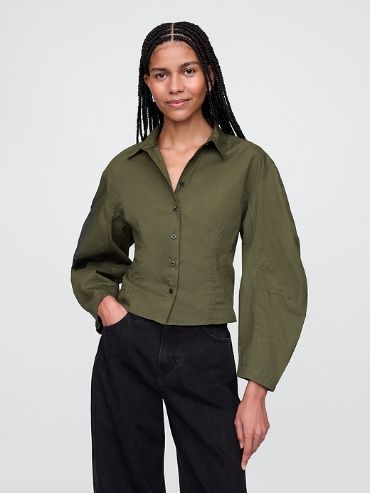 Image number 1 showing, Organic Cotton Poplin Barrel-Sleeve Crop Shirt