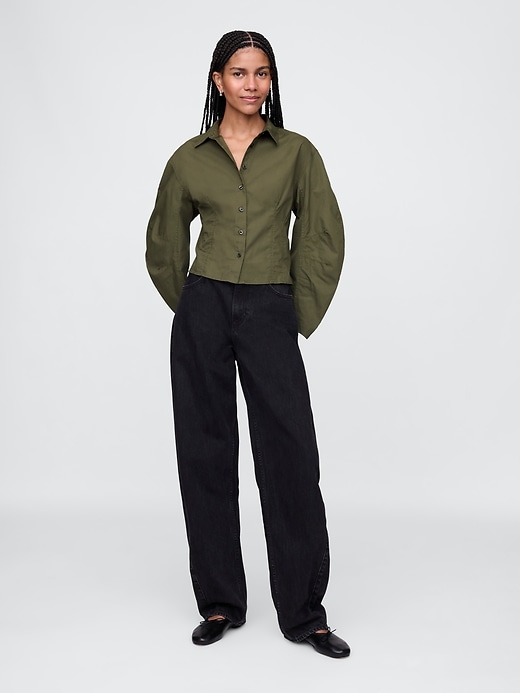 Image number 3 showing, Organic Cotton Poplin Barrel-Sleeve Crop Shirt
