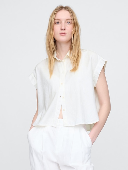 Image number 1 showing, Linen-Blend Crop Shirt