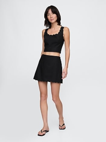 Linen-Blend Scalloped Mini Skort