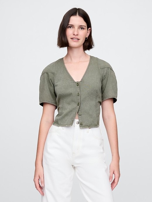 Image number 1 showing, Denim Barrel-Sleeve Crop Shirt