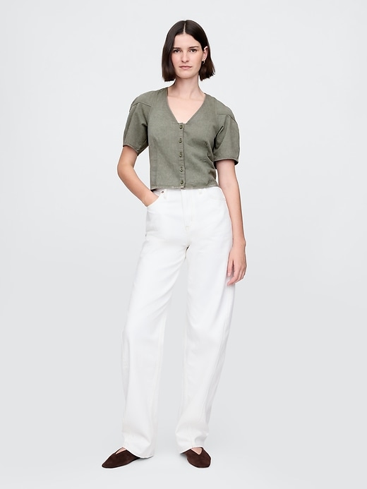 Image number 3 showing, Denim Barrel-Sleeve Crop Shirt