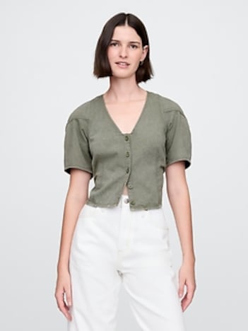 Barrel-Sleeve Cropped Denim Shirt
