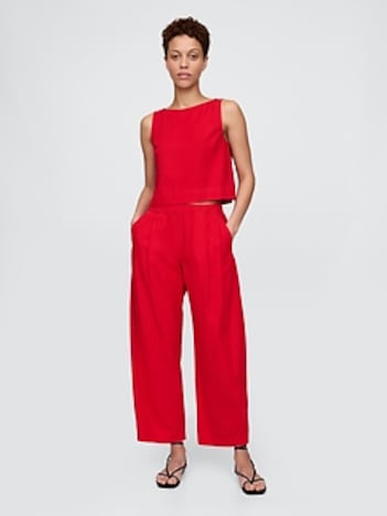 Mid Rise Linen-Blend Easy Barrel Pants