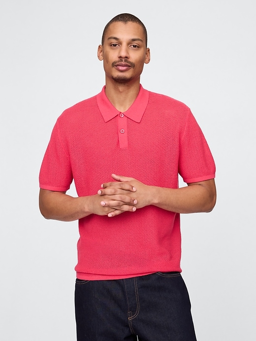 Image number 1 showing, Textured Crochet Polo Sweater