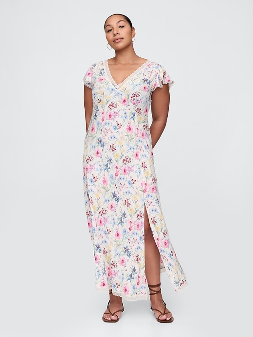 Image number 5 showing, Lace-Trim V-Neck Crepe Maxi Dress