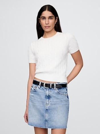 100% Cotton Cropped Cable-Knit Sweater
