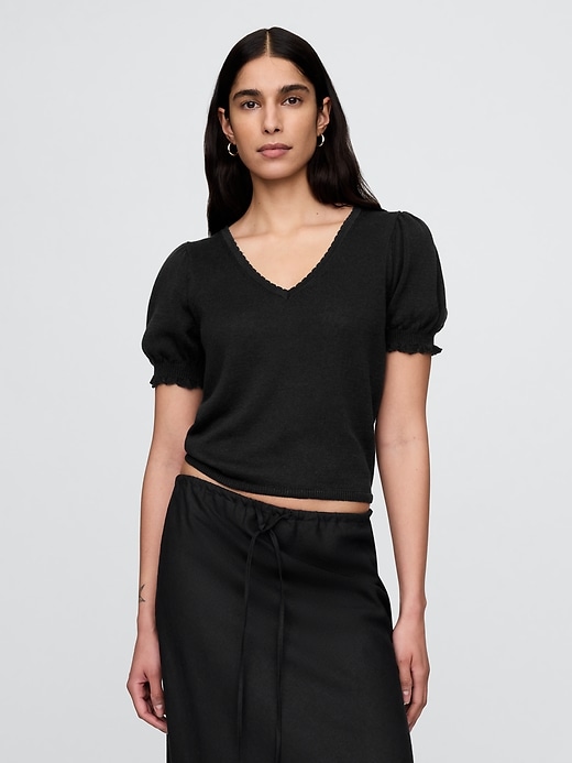 Image number 1 showing, Linen-Blend Puff-Sleeve Sweater Top