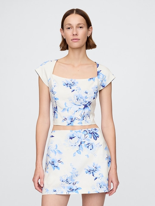 Image number 1 showing, Linen-Blend Cap-Sleeve Crop Top
