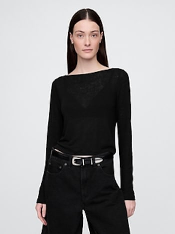 Linen-Blend Cropped Boatneck T-Shirt