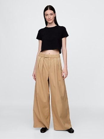 High Rise Twill Pleated Wide-Leg Khakis