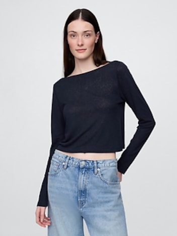 Linen-Blend Cropped Boatneck T-Shirt
