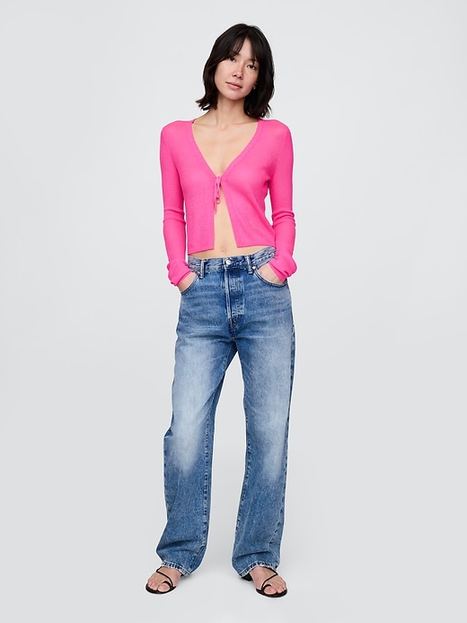 Image number 2 showing, Sheer Rib Tie-Front Crop Cardigan Sweater