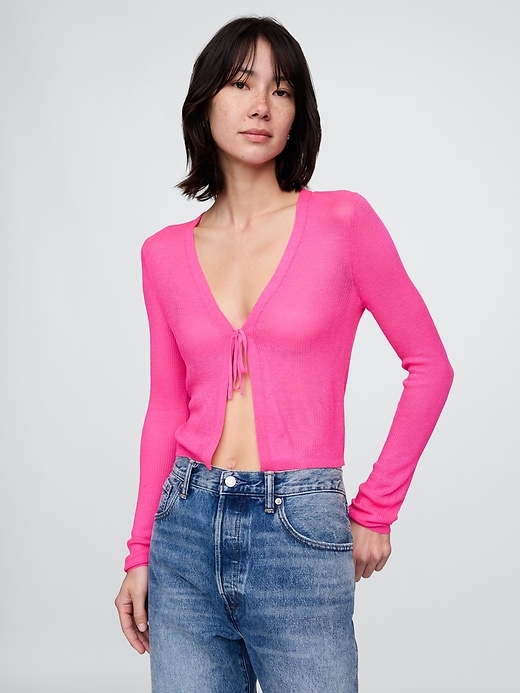 Image number 1 showing, Sheer Rib Tie-Front Crop Cardigan Sweater