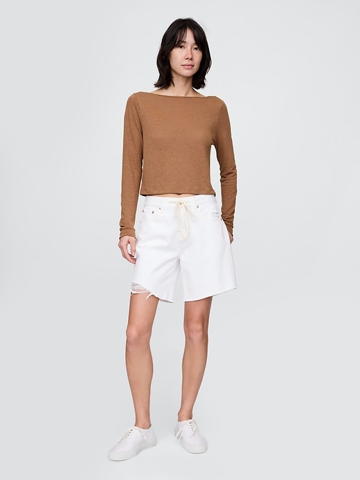 Image number 3 showing, Linen-Blend Boatneck Crop T-Shirt