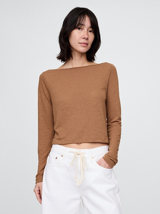 Image number 1 showing, Linen-Blend Boatneck Crop T-Shirt