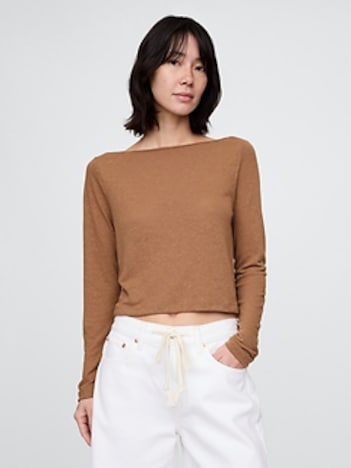 Linen-Blend Cropped Boatneck T-Shirt