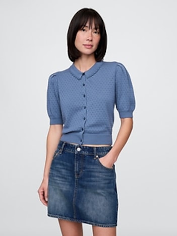 100% Cotton Cropped Pointelle Cardigan