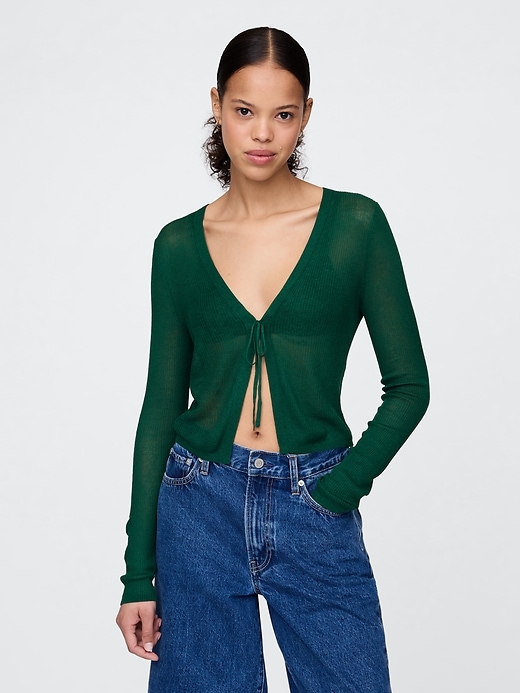 Image number 1 showing, Sheer Rib Tie-Front Crop Cardigan Sweater