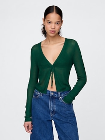 Sheer Rib Cropped Tie-Front Cardigan Sweater