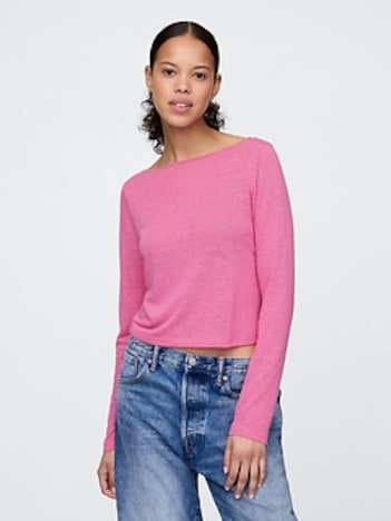 Linen-Blend Cropped Boatneck T-Shirt