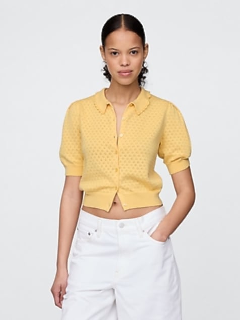 100% Cotton Cropped Pointelle Cardigan