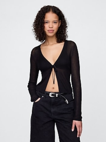 Sheer Rib Cropped Tie-Front Cardigan Sweater
