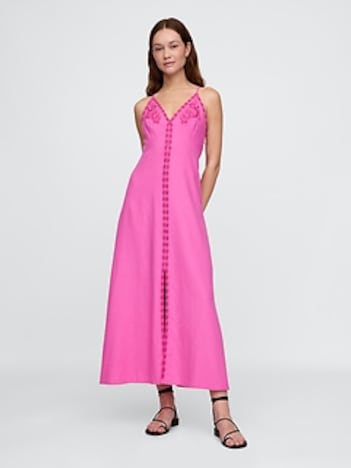 Linen-Blend Embroidered Halter Maxi Dress