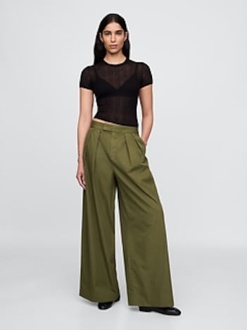 High Rise Twill Pleated Wide-Leg Khakis