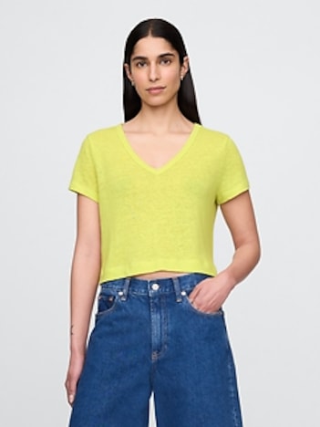 Linen-Blend Cropped V-Neck T-Shirt