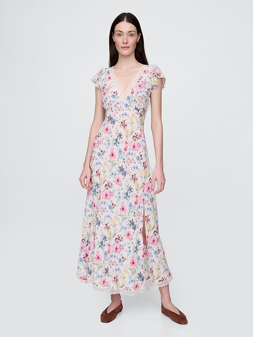 Image number 1 showing, Lace-Trim V-Neck Crepe Maxi Dress