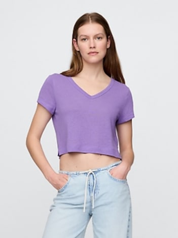 Linen-Blend Cropped V-Neck T-Shirt
