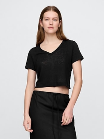 Linen-Blend Cropped V-Neck T-Shirt