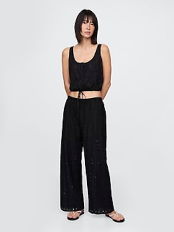 Mid Rise Eyelet Easy Wide-Leg Pants