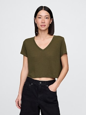 Linen-Blend Cropped V-Neck T-Shirt