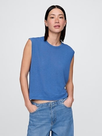Linen-Blend Crewneck Shell Tank Top
