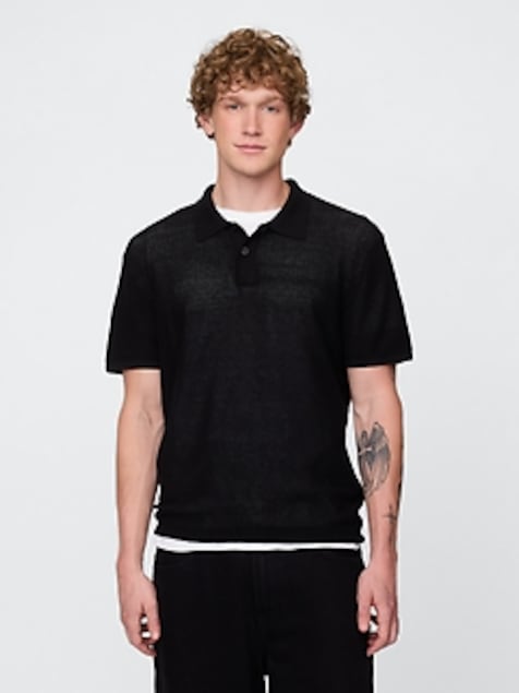 Textured Crochet Polo Sweater