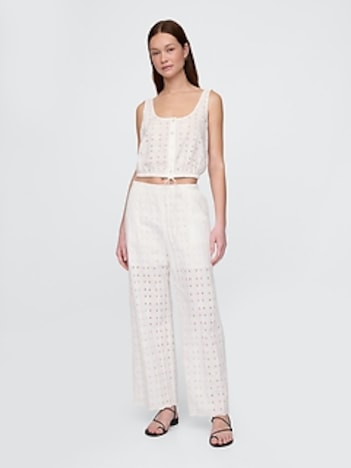 Mid Rise Eyelet Easy Wide-Leg Pants