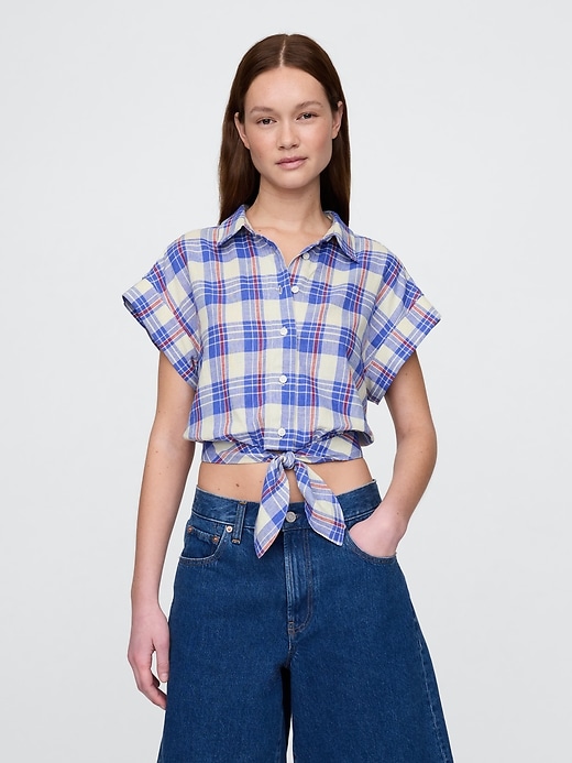Image number 1 showing, Linen-Blend Tie-Front Crop Shirt