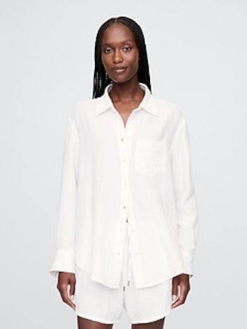 Crinkle Gauze Button-Down Shirt