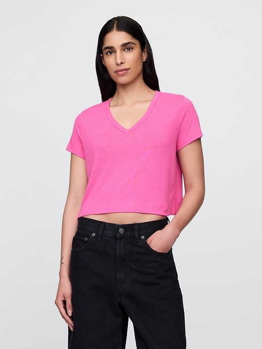 Image number 1 showing, Linen-Blend V-Neck Crop T-Shirt