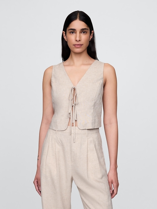 Image number 1 showing, Linen-Blend Tie-Front Crop Vest