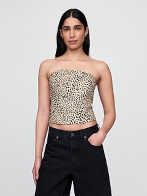 Linen-Blend Strapless Corset Crop Top