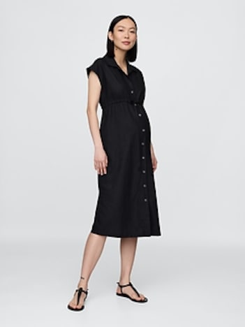 Maternity Linen-Blend Midi Shirtdress