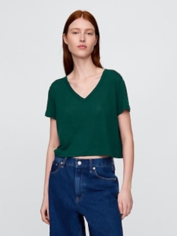Linen-Blend Cropped V-Neck T-Shirt